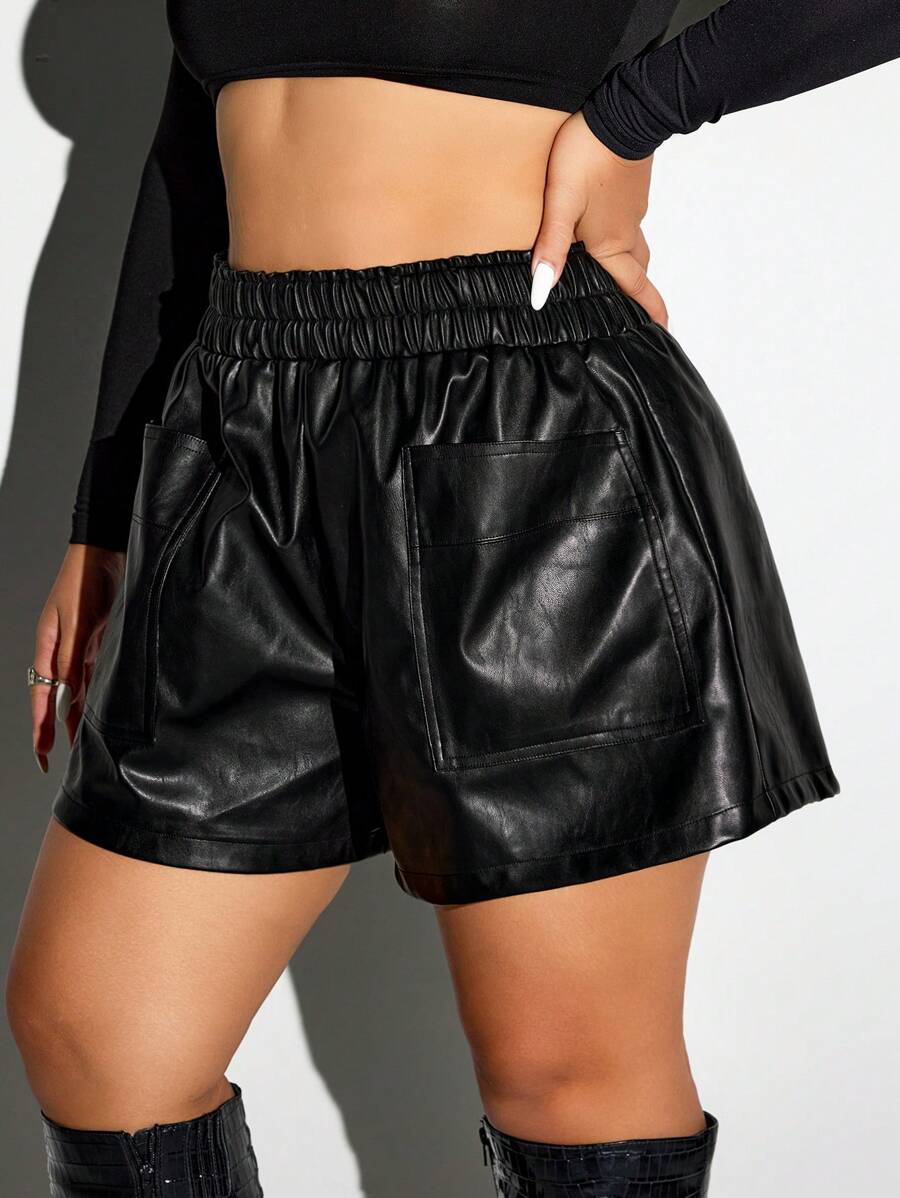 SHEIN ICON Plus Size Women Black PU Leather Shorts With Pockets - Black - View 1