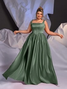 Glamrae Plus Size Elegant Simple Sophisticated Fitted Mermaid Waist Tie Back Asymmetrical Waistline Oversized Flared Dress With High Slit, Suitable For Graduation, Singles' Party, Wedding, Formal Events, Evening Gown, Prom Dress, For Wedding Guest, Dinner - Green - View 3