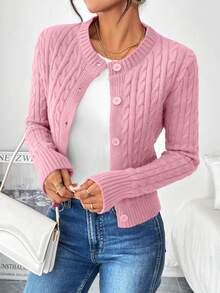 SHEIN LUNE Áo len cardigan dệt kim thường ngày cài nút phía trước, cổ tròn màu trơn, thích hợp để lau mồ hôi, mùa thu/đông - Bụi hồng - Xem 3