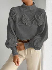 Chiquease 女士 3D 花卉装饰高腰长袖休闲套头衫，秋冬 - 深灰色 - 查看 1