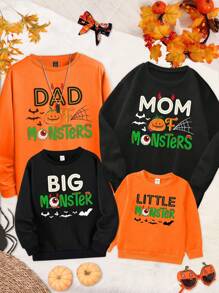 Family Matching Halloween: Women's Casual Loose Fit Long Sleeve Sweatshirt With Monster Mom Text And Bat Pattern Print Pullover Fall Sweatshirt - Black - View 6