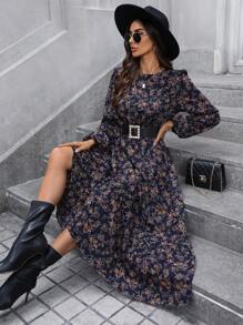 SHEIN LUNE Sukienka w kształcie litery A z falbaną w serek, rękaw dzwonkowy, wielowarstwowy dół z kwiatowym wzorem w stylu vintage, elegancka na co dzień i do pracy, jesień/zima