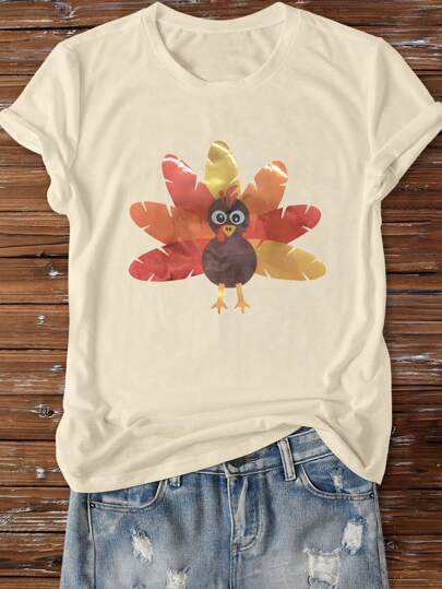 INAWLY Thanksgiving Turkey & Leaf Print Women's Round Neck Short Sleeve Casual T-Shirt Graphic Tees Women Tops