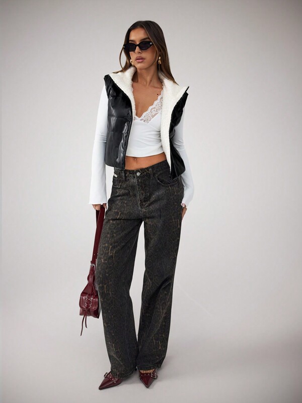 SHEIN BAE Women's Solid Color Front Zipper Sleeveless Casual Padded Coat Cropped Gilet Cropped Bubble Padded Coat Warm And Thickened Lining Lambswool Fleece Fur In Winter Can Be Worn On Both Sides Padded Coat