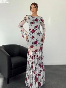 Aloruh Vestido casual de manga larga con estampado completo de rosas