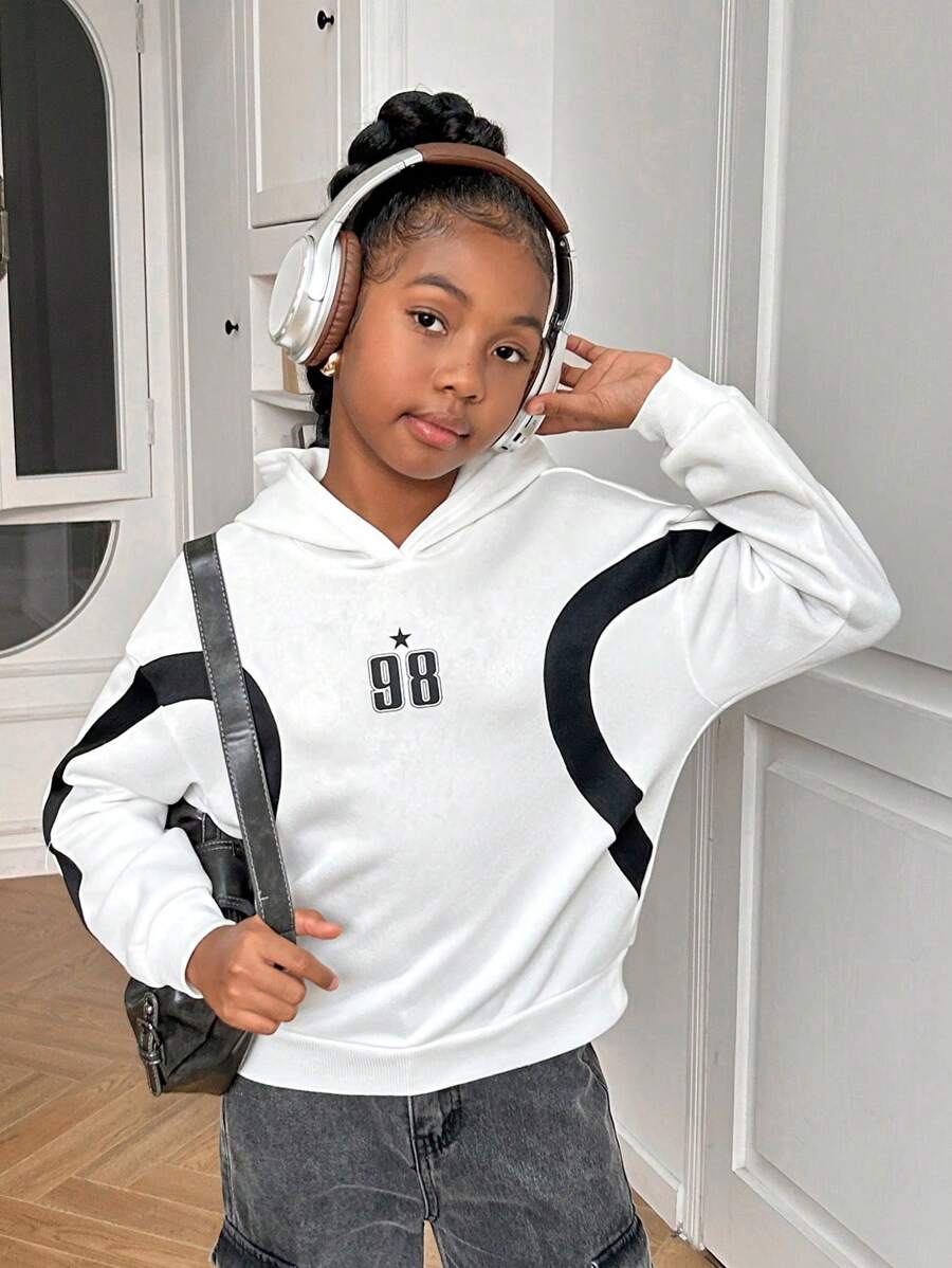 Sudadera con capucha holgada de hombros caídos con estampado empalmado para niñas preadolescentes