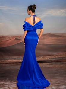 Glamrae 紫色优雅长款蝴蝶结露肩镂空连衣裙，搭配串珠颈链，高腰修身鱼尾下摆，适合正式派对婚礼活动、晚礼服、婚礼宾客、毕业典礼、晚宴、礼服 - 寶藍色 - 查看 4