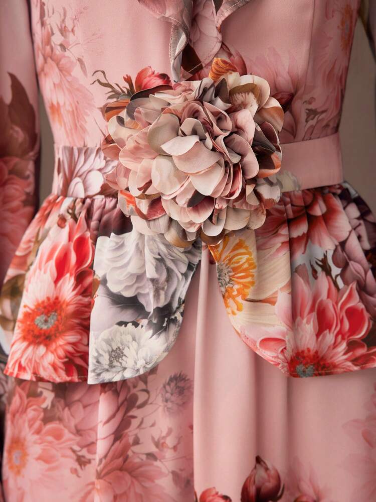 FLORAL PRINT V-NECK RUFFLE TRIM FLARE SLEEVE STEREO FLOWER PEPLUM WAIST LONG DRESS