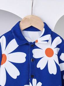 SHEIN 2 pièces/Set Jeune fille Veste bleue à imprimé floral et jupe blanche à fleur bleue, en velours côtelé, chaud et confortable, convient pour l'automne et l'hiver, de mode - Multicolore - Voir 4