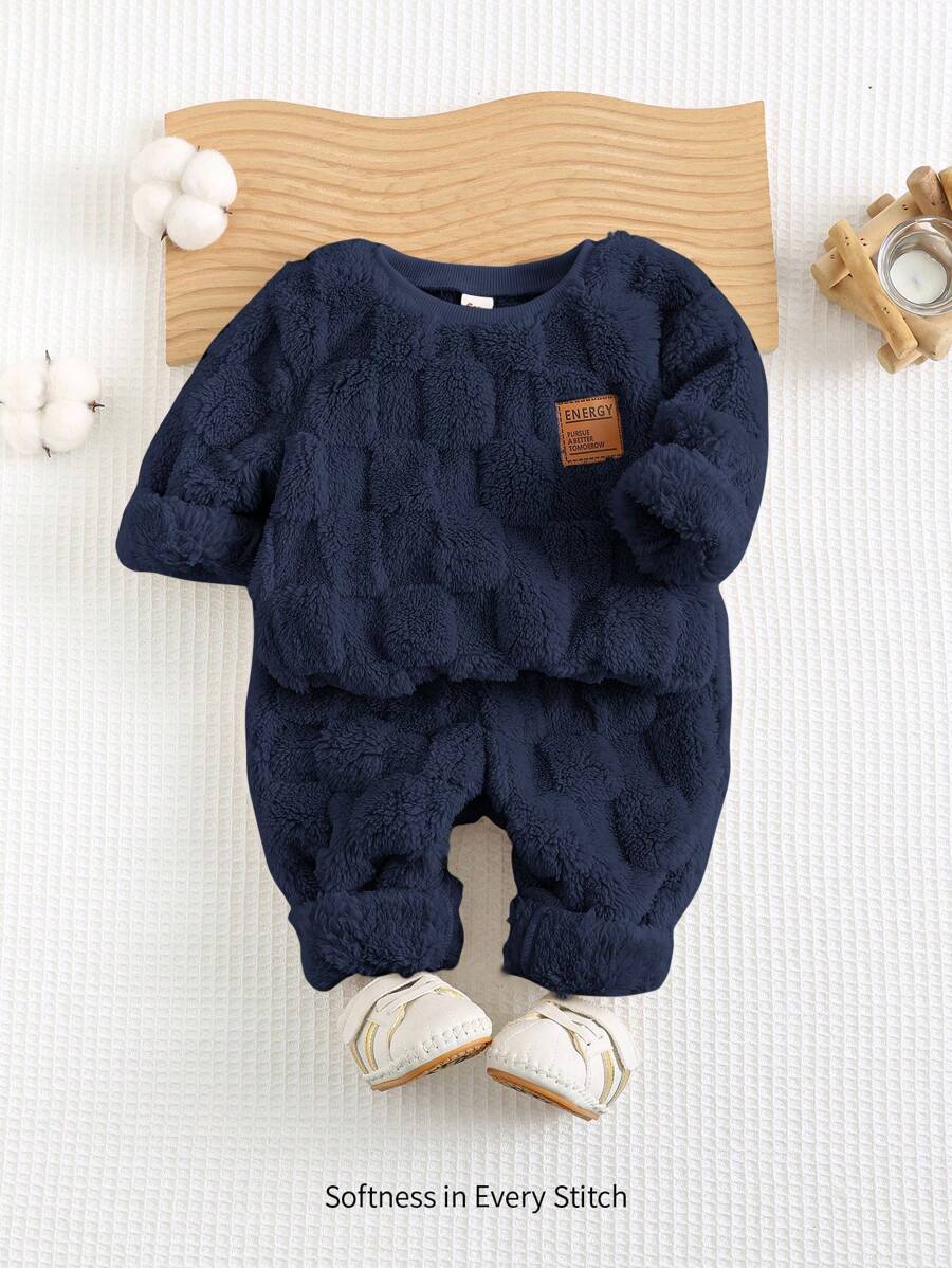 Cozy Pixies 2 件套男婴可爱熊刺绣羊毛圆领落肩运动衫和慢跑裤套装 - 藏蓝色 - 查看 1