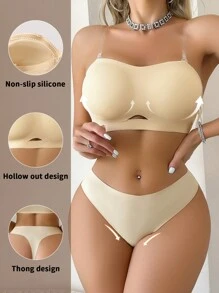 2pcs Lingerie Set, Seamless Backless & Strapless Bra + Simple String Panty - Apricot - View 3
