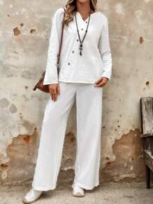 Rusticease 2 pièces Ensemble Top à manches longues et pantalon large décontracté ample, couleur unie, style automnal pour femmes - Blanc - Voir 3