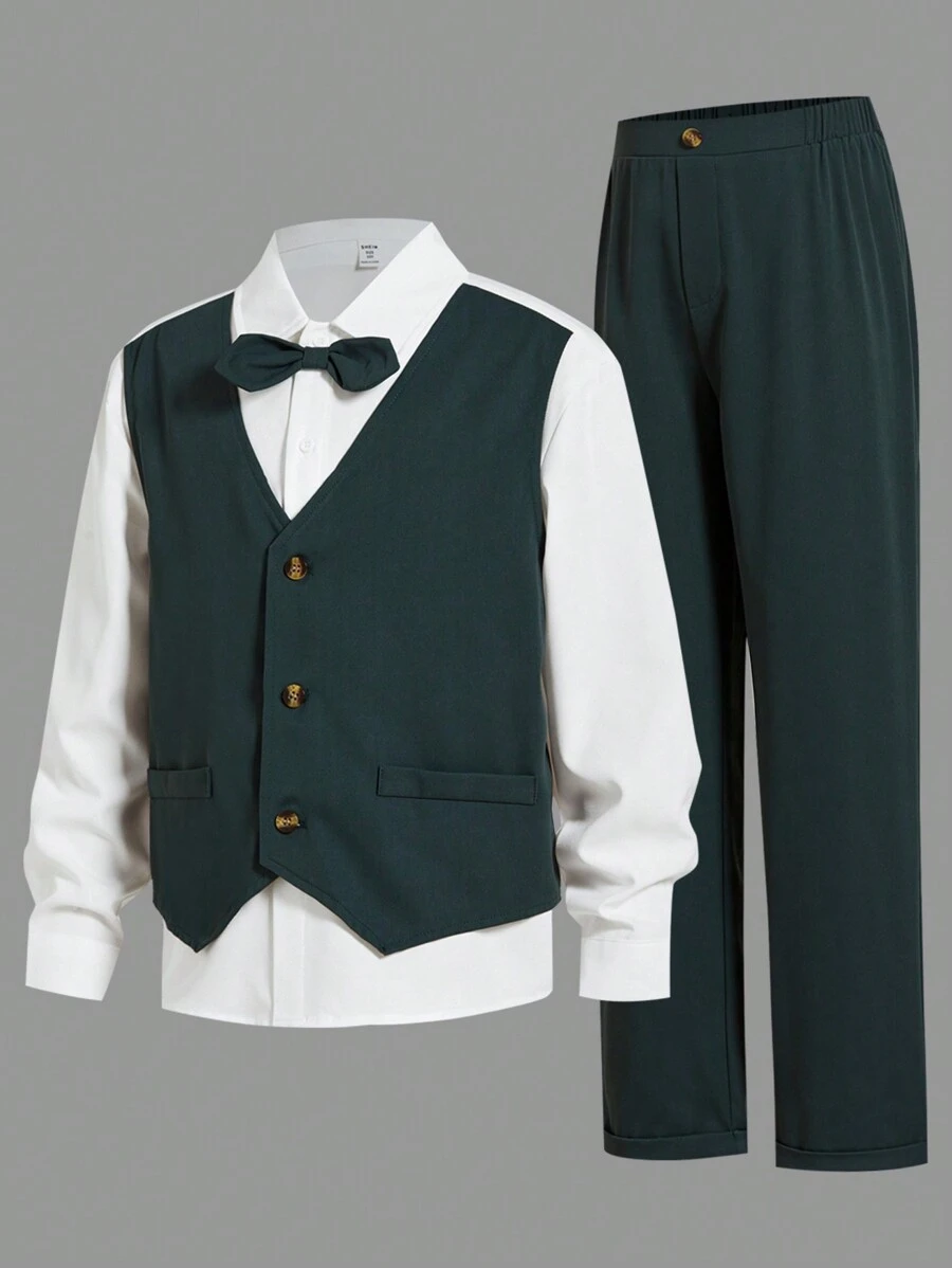 2pcs Tween Boys Casual School Style Contrast Color Collar Cardigan Vest 2 In 1 Shirt With Necktie And Straight Leg Pants Suit, Suitable For School, Garden, Beach, Birthday, Spring/Summer/Autumn/Winter Seasons - Multicolor - View 1