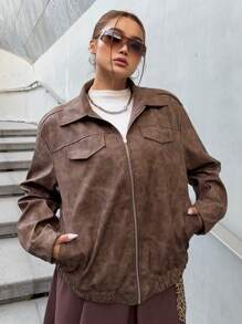 Flirla Damen Jacke in Motorradstil mit Reißverschlusstaschen, winddicht, große Größen, Lässig und Retro, für Herbst/Winter