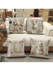 4 Peças Capas de Almofada Decorativas natalinas com Papai Noel, Boneco de Neve, Cervo e Árvore Floral, Engraçadas e de Luxo, Impressão 3D Branca e Dourada, Macias, Impressão em Um Lado, 45cm x 45cm, para Natal, Inverno, Sala de Estar, Quarto, Sofá e Cama, Sem Enchimento de Almofada - Multicolorido - Visão 5