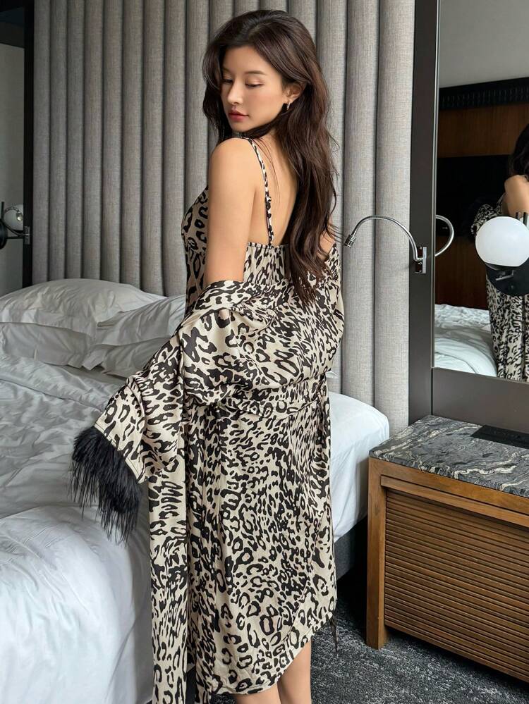 Women Leopard All-Over Print Furry Trim Camisole Dress And Robe 2 Pieces Pajama Set