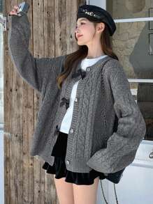 DAZY Women Casual Bowknot Decor Drop Shoulder Loose Cardigan, Autumn/Winter,Long Sleeve Tops,Fall Women Clothes