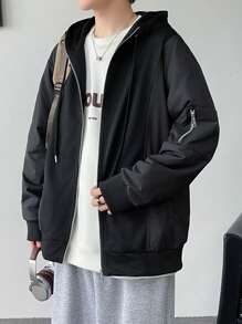 Claim Dot 男士休闲日常宽松拉链抽绳连帽夹克，秋季 - 黑色 - 查看 1