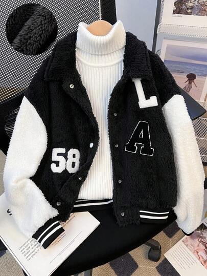 SHEIN Tween Girl 双面羊毛经典黑白拼色领数字和字母 3D 刺绣时尚潮流百搭夹克，秋冬
