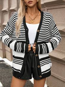 SHEIN Clasi Áo len cardigan dệt kim dài tay in họa tiết sọc khối màu phía trước cổ chữ V đơn giản - Nhiều màu - Xem 4