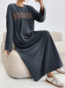 Mulvari 女式字母印花圆领休闲长袖阿拉伯朴素连衣裙 - 深灰色 - 查看 6