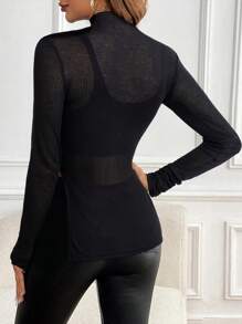 INAWLY Women High Neck Long Sleeve Fitted Fashion T-Shirt, Solid Color, Autumn Fall Cloth For Women