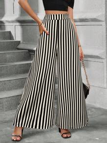 Ellegaria. Casual Commuting Contrast Stripe Wide Leg Pants Fall Cloth For Women - Multicolor - View 5