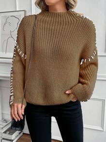 SHEIN Unity Autumn/Winter New High Neck Loose Casual Long Sleeve Sweater With Design Elements