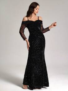 SHEIN Belle Robe élégante pour femmes avec bretelles spaghetti, ourlet en queue de poisson, paillettes. Robe de soirée formelle noire pour le bal, les invités de mariage, la remise des diplômes, le dîner