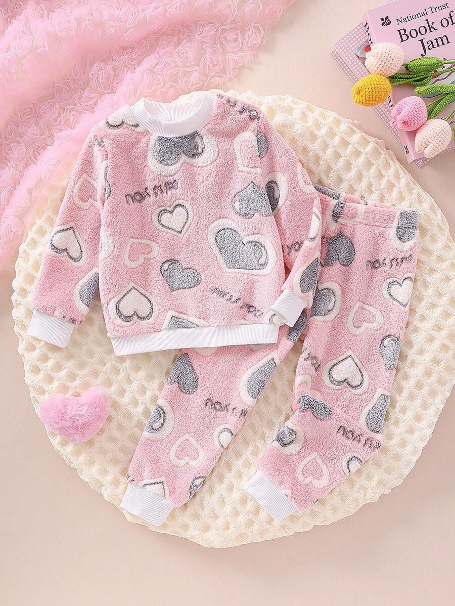 SHEIN 2 件套女童仙女图案保暖舒适裤和长袖家居服套装,适合秋冬季 - 粉色 - 查看 1