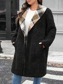 SHEIN LUNE Abrigo de peluche con cuello de chal a cuadros en contraste, talla grande, casual, para otoño/invierno/Día de Acción de Gracias, traje de fiesta, térmico