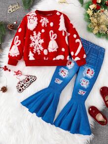 SHEIN 2pcs Young Girl Winter New Fluffy Crew Neck Sweatshirt & Flared Printed Jeans Effect Pants Christmas Holiday Casual Outfit Set