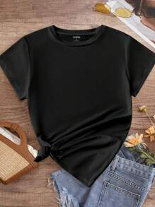 SHEIN MOOSTA 5PCS Women's Simple Solid Color Crew Neck Short Sleeve T-Shirts