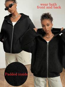 SHEIN EZwear 女士休闲双面连帽羊毛夹克，适合秋冬季 - 黑色 - 查看 7