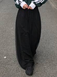 FRIFUL Women Plain Color Mesh Panel Simple Design Casual Long Pants - Black - View 1