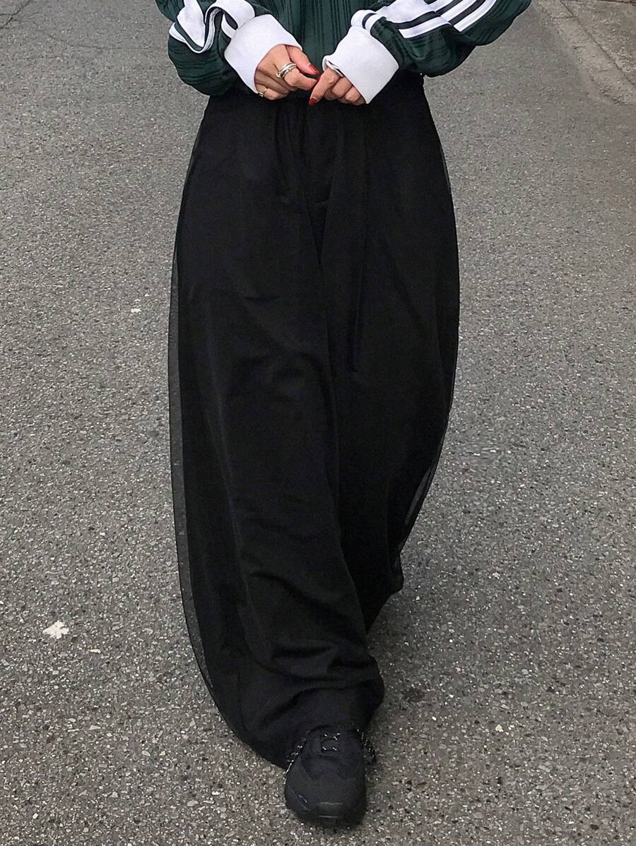 FRIFUL Women Plain Color Mesh Panel Simple Design Casual Long Pants - Black - View 1