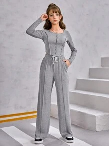 SHEIN 女童两件套：修身罗纹针织长袖上衣和宽松阔腿裤 - 深灰色 - 查看 3