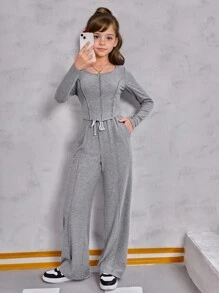 SHEIN 女童两件套：修身罗纹针织长袖上衣和宽松阔腿裤 - 深灰色 - 查看 4