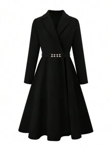 SHEIN Clasi Plus Size Simple Style Long Overcoat For Office Commute, For Winter - Black - View 3