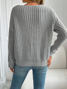 SHEIN LUNE Áo len cổ chữ V dệt kim màu trơn, kiểu dáng thường ngày, thích hợp cho mùa thu/đông, áo len chui đầu mùa thu. - Xám - Xem 2