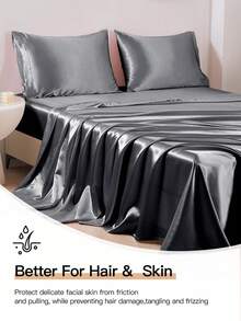 Bộ chăn ga gối 3/4 món: 1 ga trải giường satin có chun + 1 ga phủ satin + 1/2 vỏ gối satin, mềm mại và thoáng khí, chống nhăn, cải thiện chất lượng giấc ngủ, phong cách khách sạn sang trọng, món quà lý tưởng cho bố mẹ và bạn bè, độ sâu túi 35cm, có thể giặt máy, phù hợp với mọi kích cỡ giường - đơn, đôi, cỡ queen, cỡ king. - Màu xám đen - Xem 5