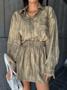 DAZY 2 件套女士套装：前扣长袖衬衫和口袋装饰裙、短款女士套装、秋装 - 卡其色 - 查看 4