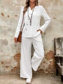Rusticease 2 pièces Ensemble Top à manches longues et pantalon large décontracté ample, couleur unie, style automnal pour femmes - Blanc - Voir 6