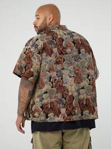 EASEVO 大码男士宽松休闲编织熊图案彩色短袖衬衫，适合外出 - 棕色 - 查看 3