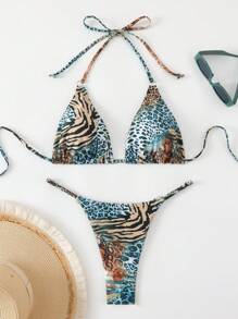 Swim Vcay 2 件套女士豹纹和斑马纹露背系带性感比基尼套装适合海滩度假 2025 年夏季