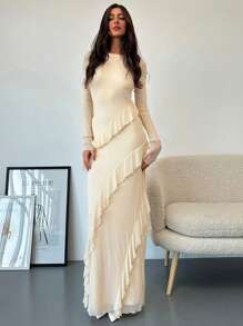 Aloruh Vestido Romântico para Encontro com Gola Babado, Manga Lanterna, Ajustado e Transparente, Cor Damasco