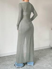 Chiquease Semi-Sheer Long Knitted Cardigan, Versatile And - Khaki - View 2