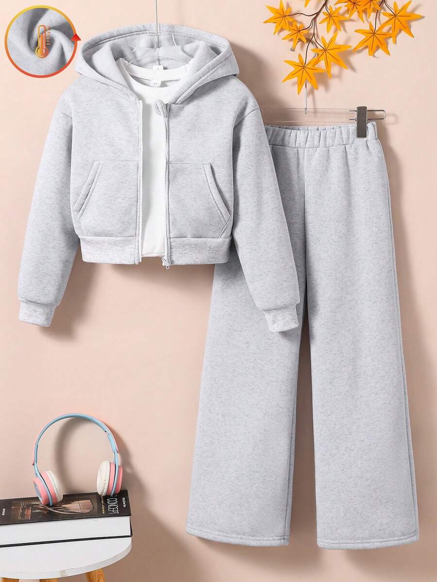 SHEIN 2 件套青少年女孩美国学院风格休闲长袖连帽衫夹克和裤子套装，适合学校和户外穿着 - 灰色 - 查看 1