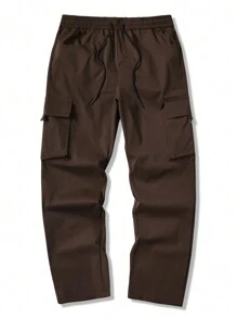 Manfinity Homme Men's Solid Color Drawstring Waist Cargo Pockets Casual Pants, Fall - Coffee Brown - View 3