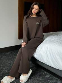 DAZY Simple & Loose Fit Minimal Printed Lounge Wear Set - Coffee Brown - View 6